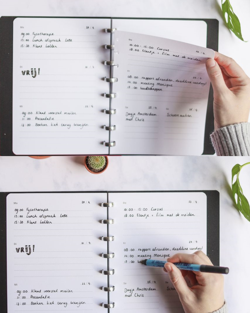 Two panels demonstrating how to remove page from reusable notebook and how to write