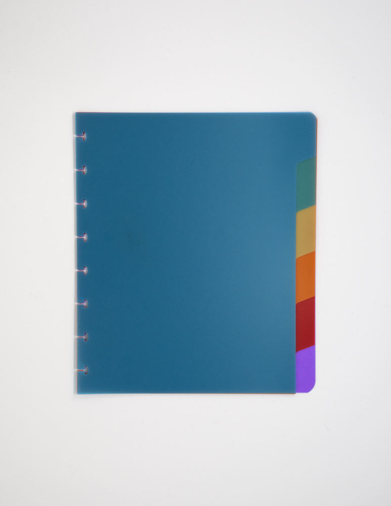 Reusable notebook dividers in six different colors on grey background