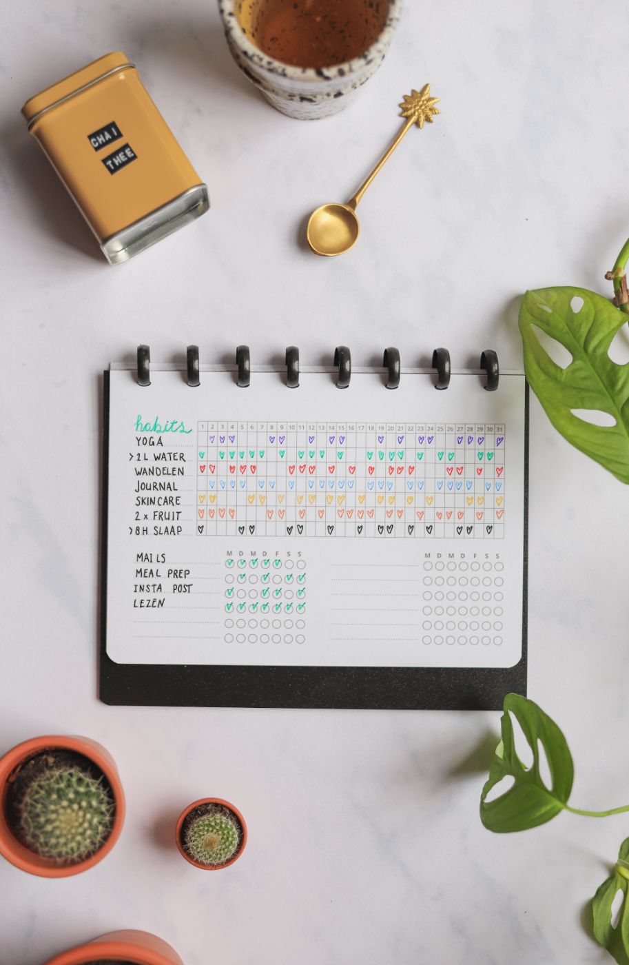 Erasable habit tracker next to assorted items on marble background