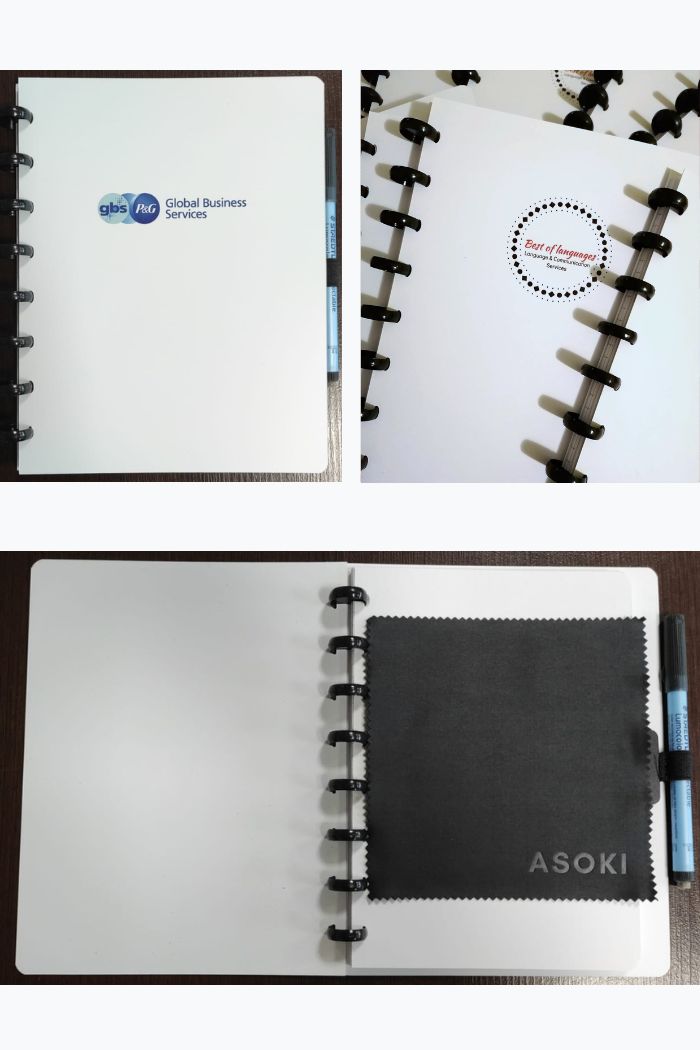 Custom notebooks with whiteboard pages and logo