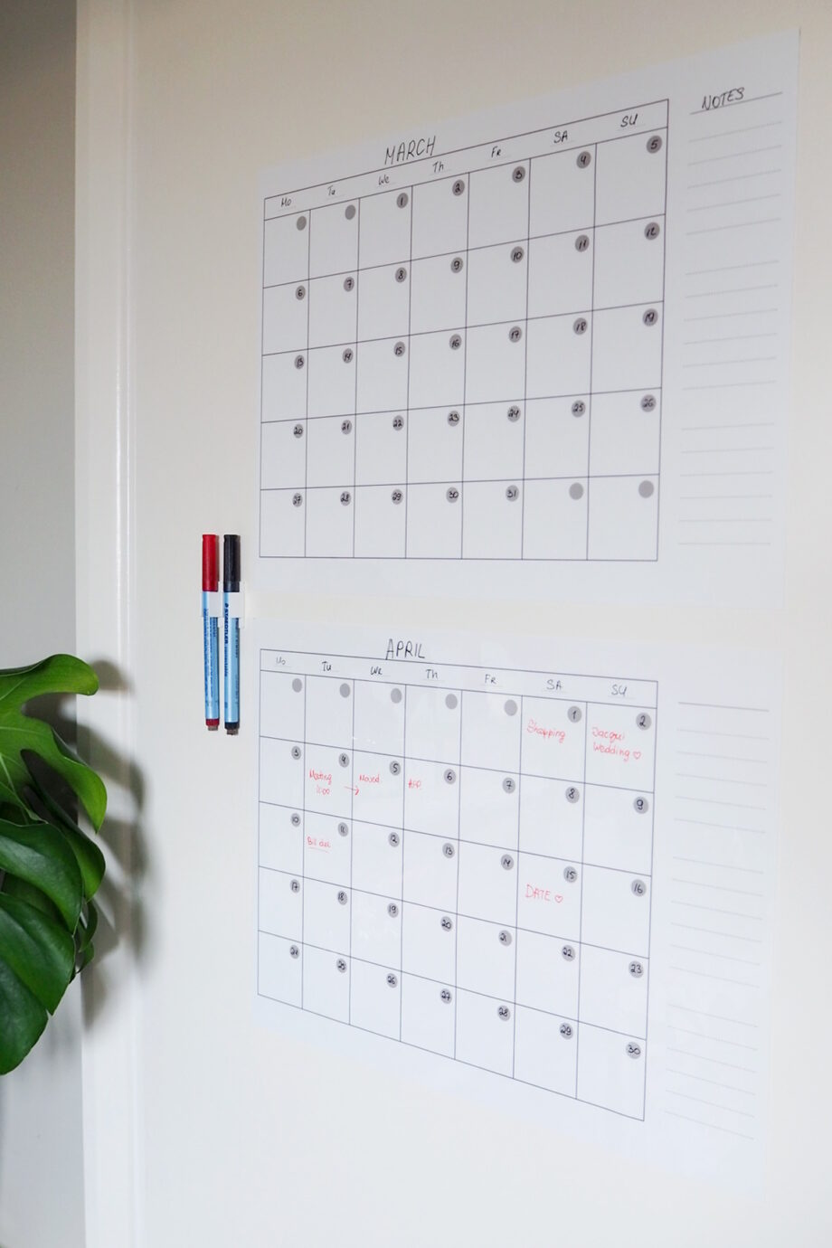 Whiteboard calendar self adhesive